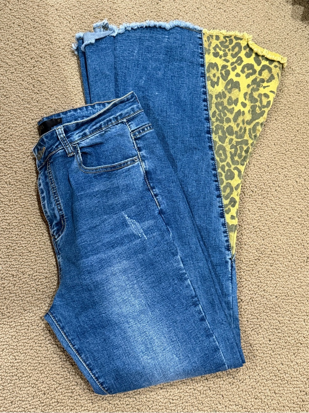 L & B Women’s Blue Denim Jeans with Yellow Leopard Inset size 14